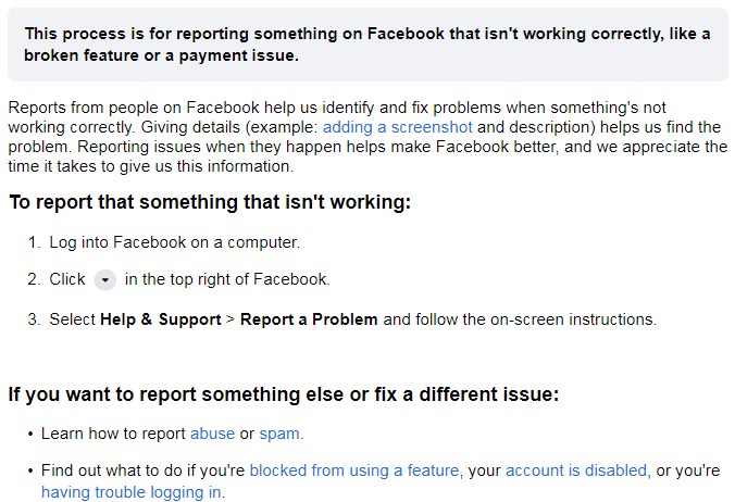 Report a Problem using facebok help center - Group how to