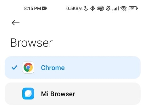 Use content com android browser home to chrome or Mi
