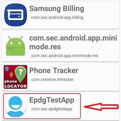epdg test app installed on an Android phone