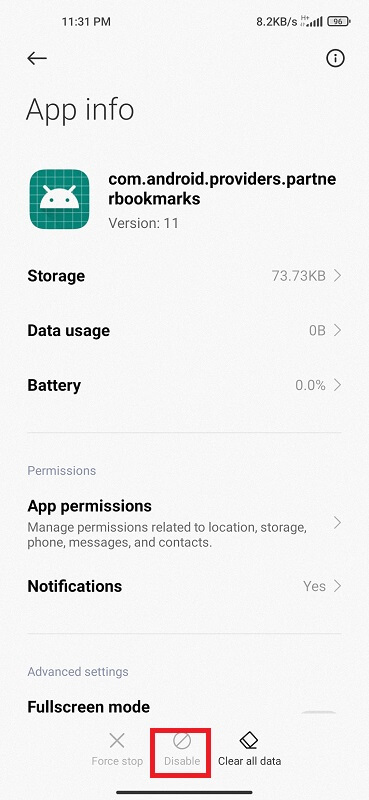 Disable android providers partnerbookmarks app