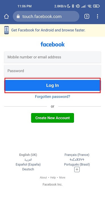 Login to touch.facebook.com