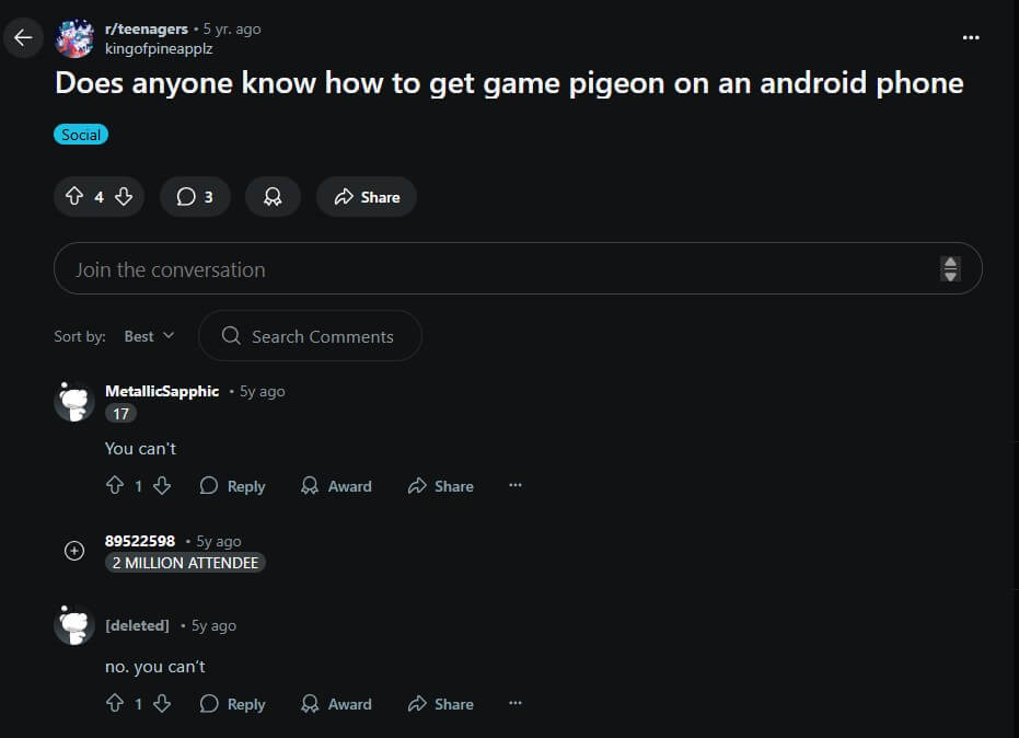 Screenshot of Reddit users discussing GamePigeon on Android Screenshot of Reddit users discussing GamePigeon on Android