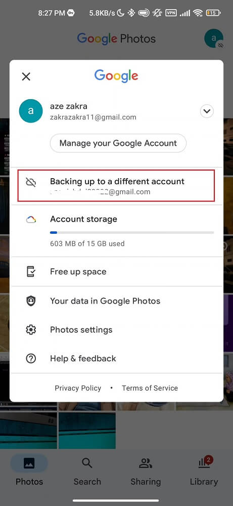 Backing up to different account