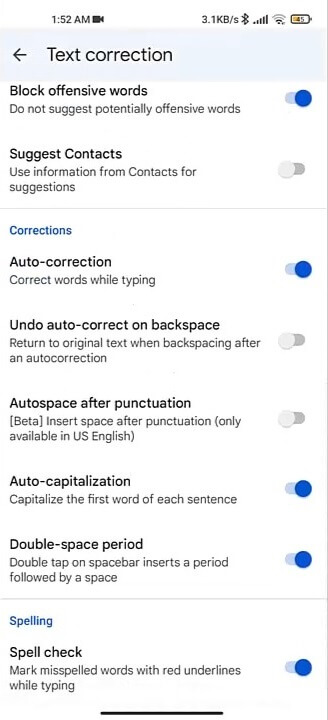 Turn on the auto correction