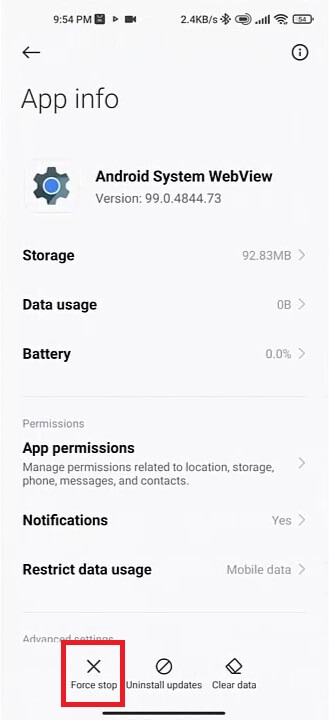 force stop the android system webview