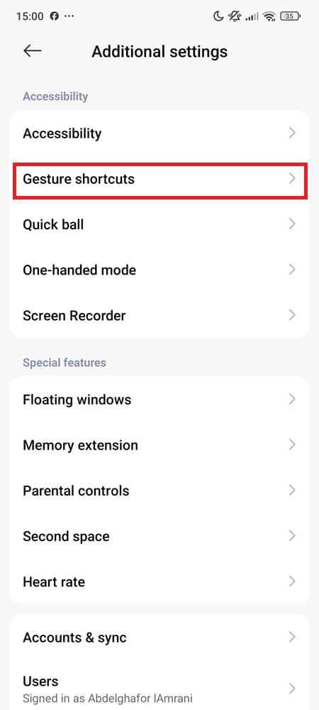 Inside 'Additional settings' with 'Gesture shortcuts' selected Inside 'Additional settings' with 'Gesture shortcuts' selected