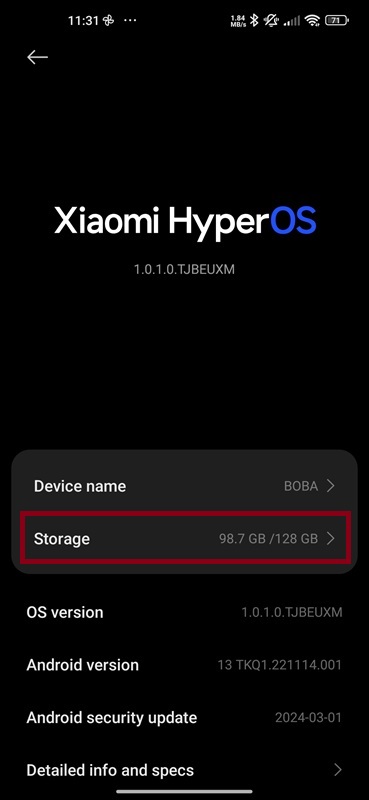 About phone screen displaying storage details