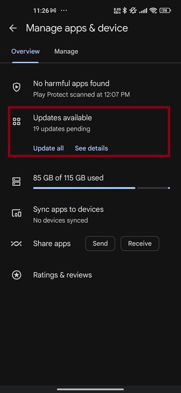 Google Play screen showing 'Updates available' with pending updates