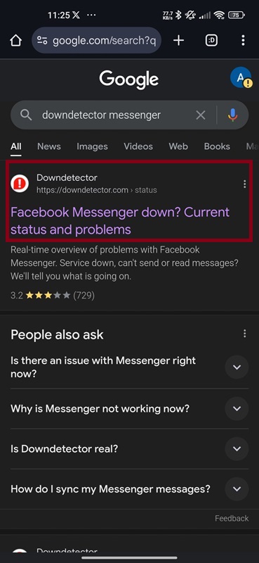 Screenshot of a Google search result for 'Downdetector Messenger,' showing a link to check Messenger's current status and reported problems.