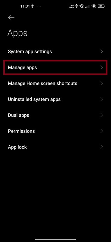 Apps section showing the 'Manage apps' option to view and control installed applications