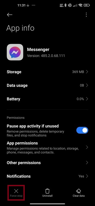 Messenger app info screen with the 'Force stop' button highlighted to resolve app issues