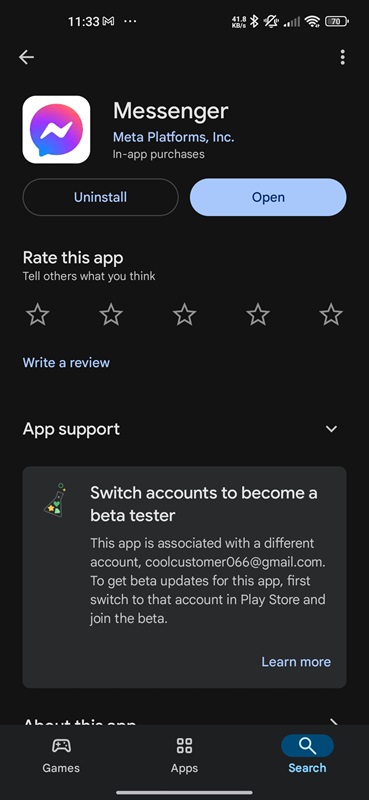 Google Play Store screen showing the Messenger app with options to uninstall