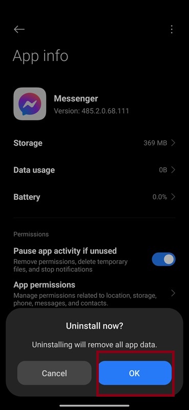 App info screen showing the Messenger uninstall confirmation dialog with the 'OK' button highlighted