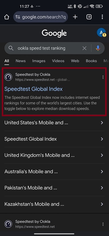 Google search results showing Ookla Speedtest website