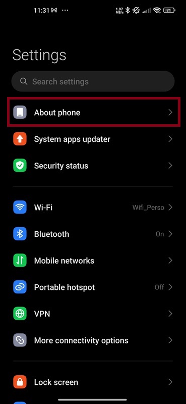 Settings menu highlighting the 'About phone' option