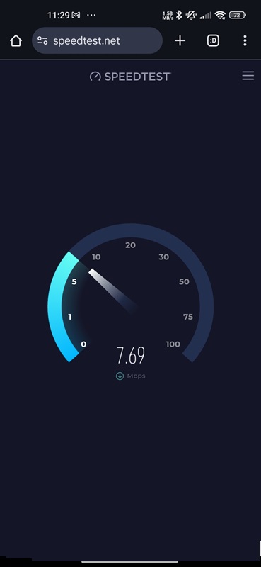 Ookla Speedtest result displaying an internet download speed of 7.69 Mbps