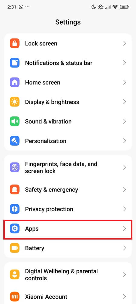 Android Settings screen showing the Apps section highlighted Android Settings screen showing the Apps section highlighted