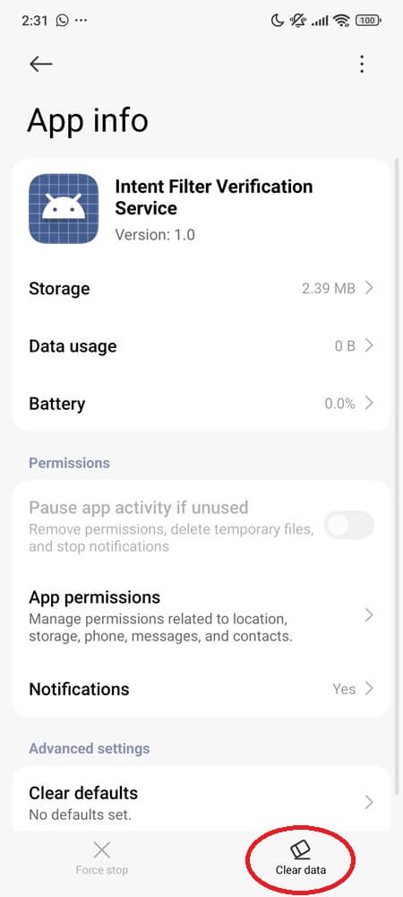App info screen for Intent Filter Verification Service with Clear data option App info screen for Intent Filter Verification Service with Clear data option