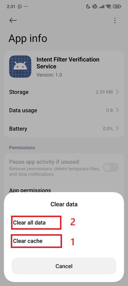 Dialog showing Clear cache and Clear all data options Dialog showing Clear cache and Clear all data options