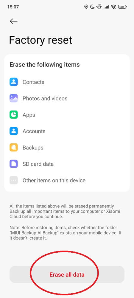 Factory reset screen showing 'Erase all data' button Step 3 Factory reset screen showing 'Erase all data' button Step 3