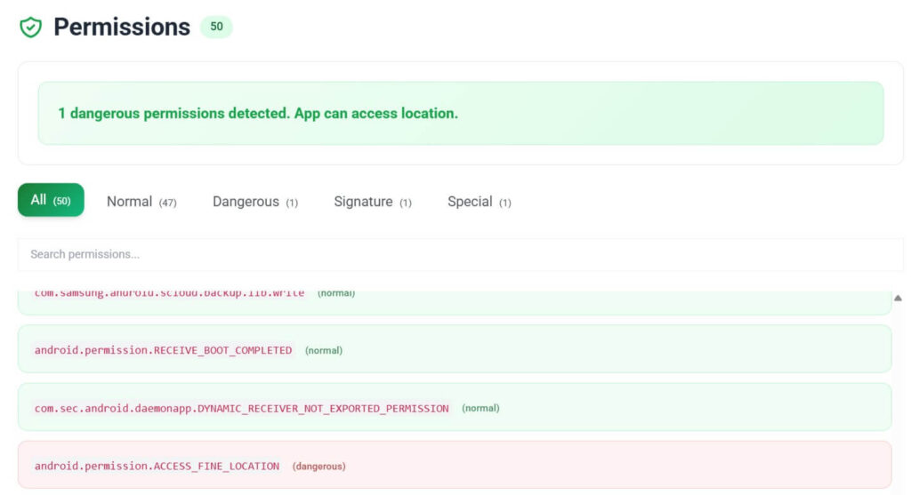 Samsung daemonapp permissions analysis with 50 permissions