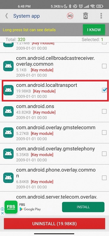 System app remover to uninstall com.android.localtransport