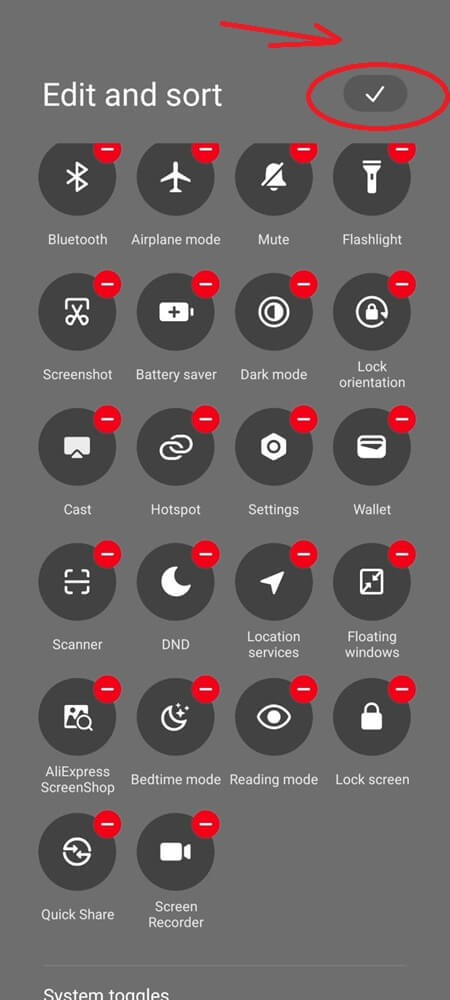 Adding the Screen Recorder tile and saving changes Adding the Screen Recorder tile and saving changes