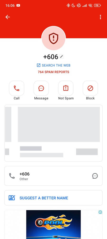 Truecaller app showing a number with 764 spam reports