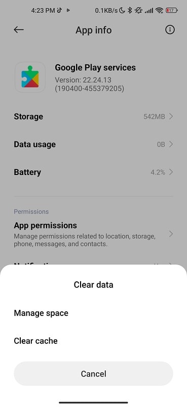 Clear google play services cache and data