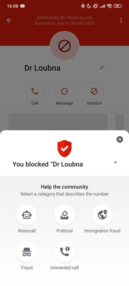 Truecaller app showing a blocked number with category options
