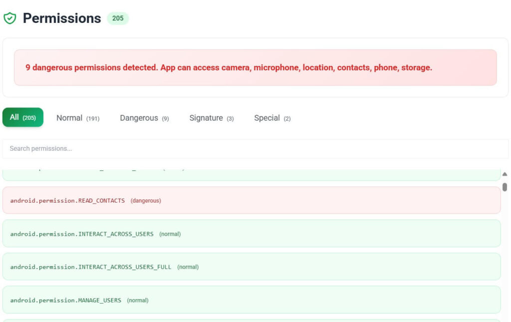 APK metadata showing com.samsung.android.incallui with 205 declared permissions breakdown