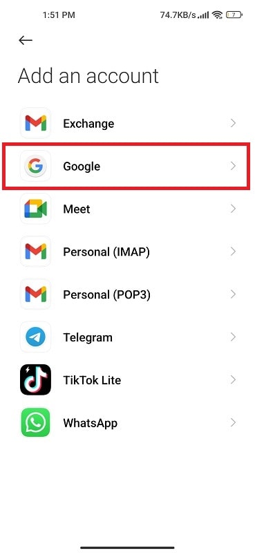Add google account to transfer data from android to android