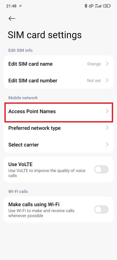 Access Point Names under SIM card settings (2)