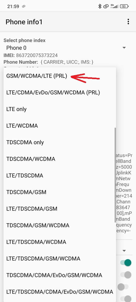 Screen Show Common Type of Network: GSM/WCDMA/LTE (PRL) (33)