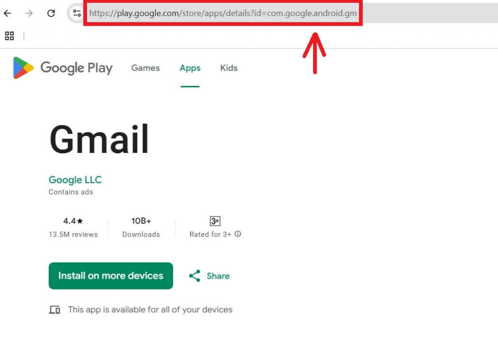 A screenshot of the Gmail app page on the Google Play Store. The URL bar at the top highlights the package name 'com.google.android.gm.'