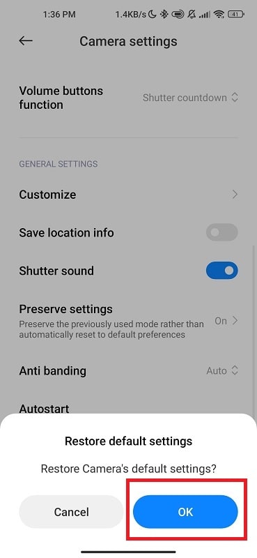 Reset Camera Settings To prevents security policy