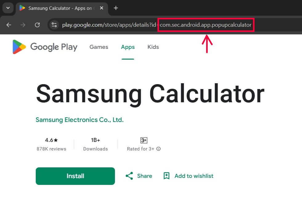 A screenshot for the Samsung Calculator app, showing the package name com.sec.android.app.popupcalculator in the URL