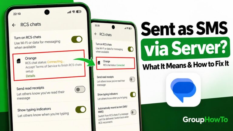 Google Messages RCS status changing from Connecting to Connected, illustrating how to fix Sent as SMS via Server on Android