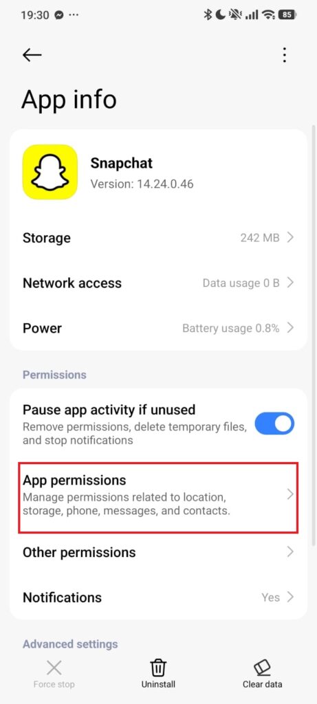 Snapchat App info screen with App permissions highlighted