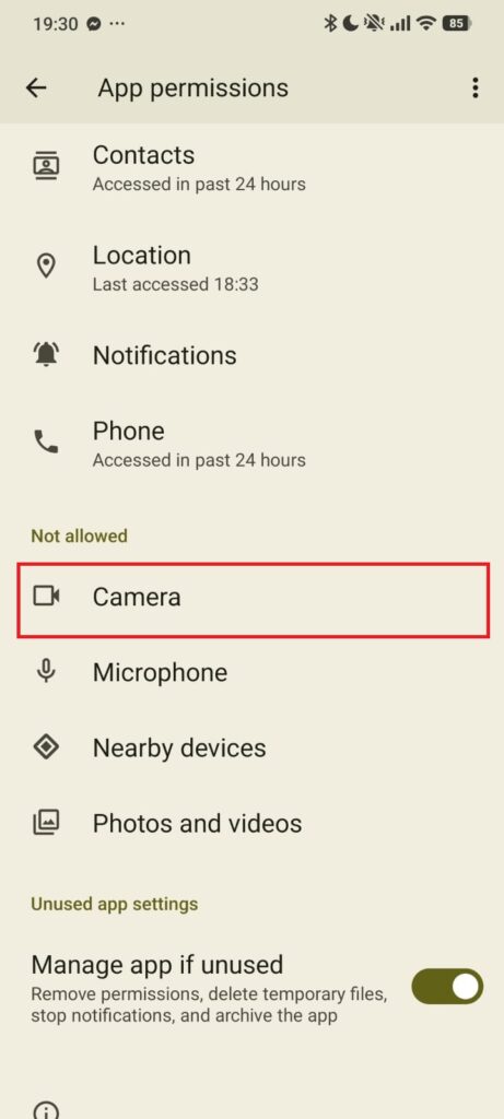 Snapchat Android permissions screen with Camera highlighted