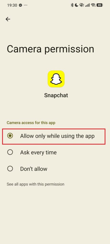 Snapchat Camera permission set to Allow only while using the app