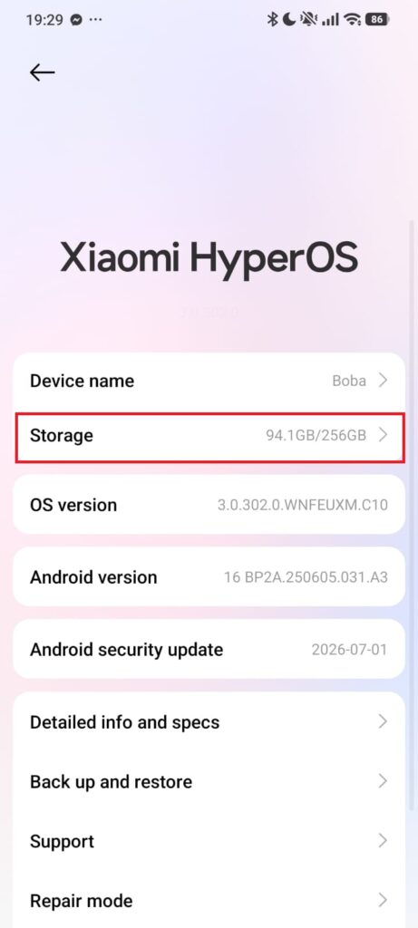 Xiaomi About phone screen with Storage highlighted