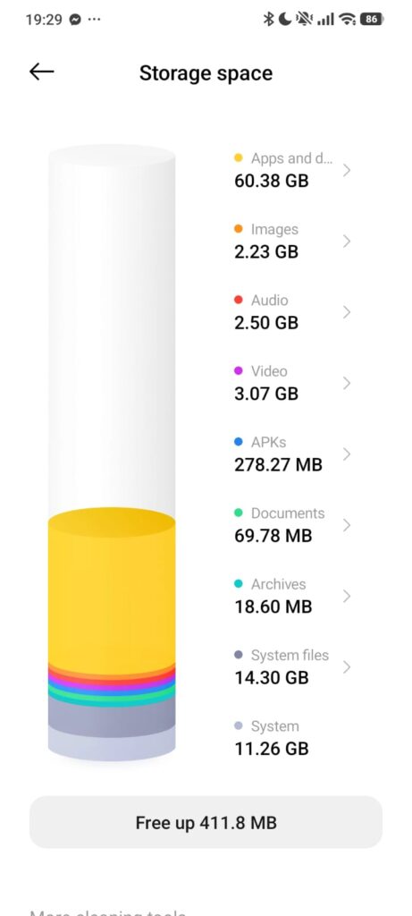 Xiaomi storage space screen showing used and available storage