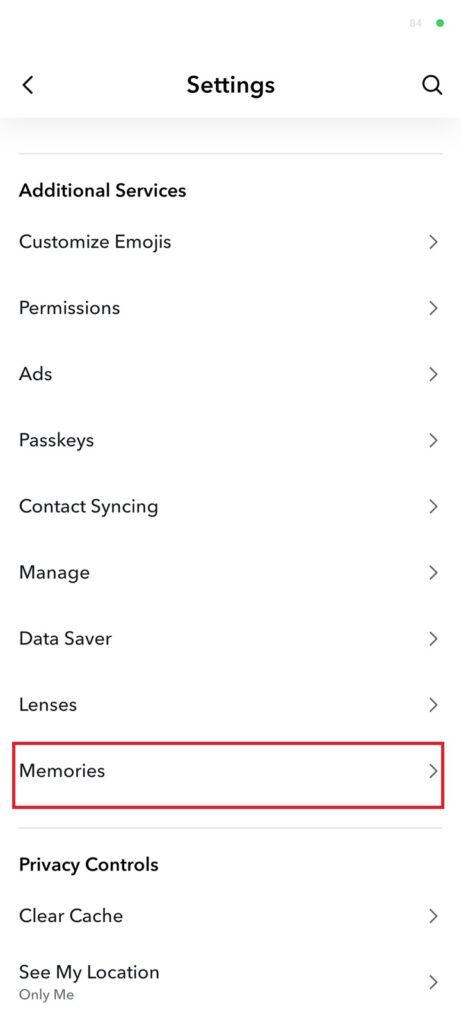 Snapchat Settings with Memories under Additional Services highlighted