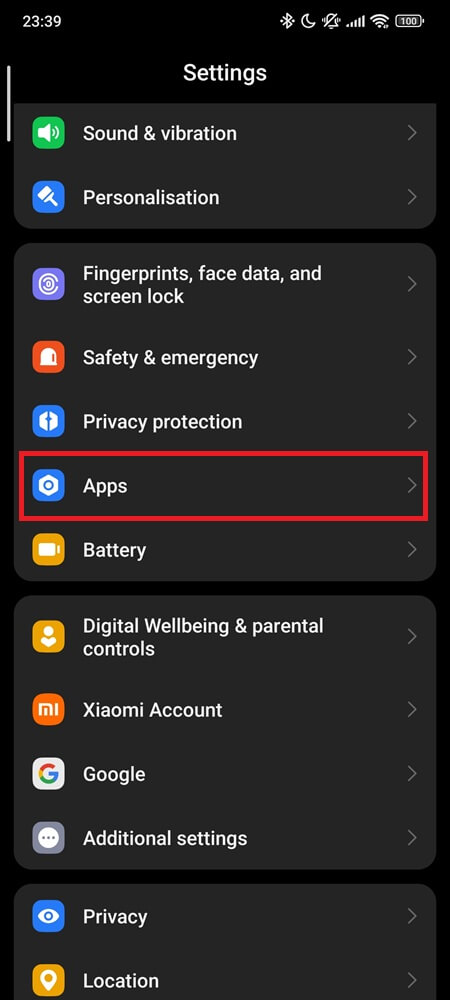 Apps under settings menu Step 1
