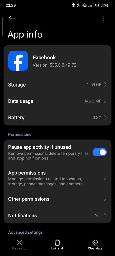 App Info Facebook show clear data button 2