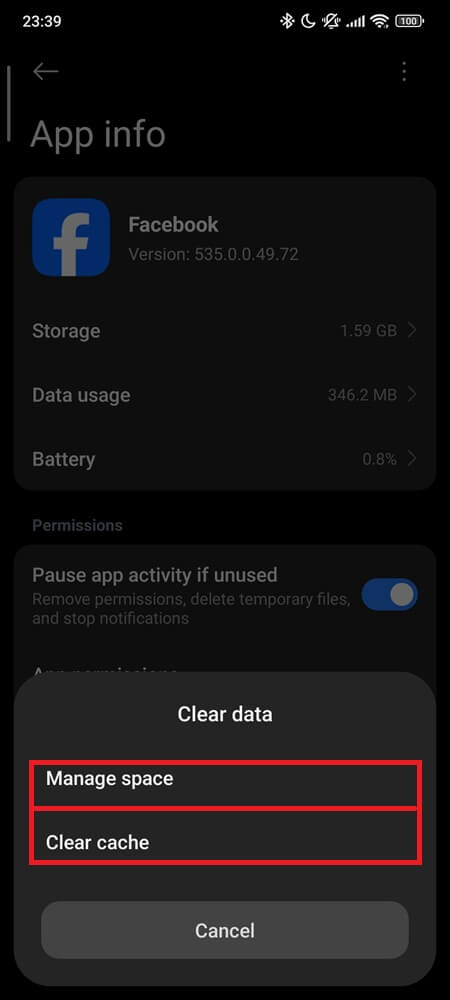 Clear cache and storage of Facebook 3