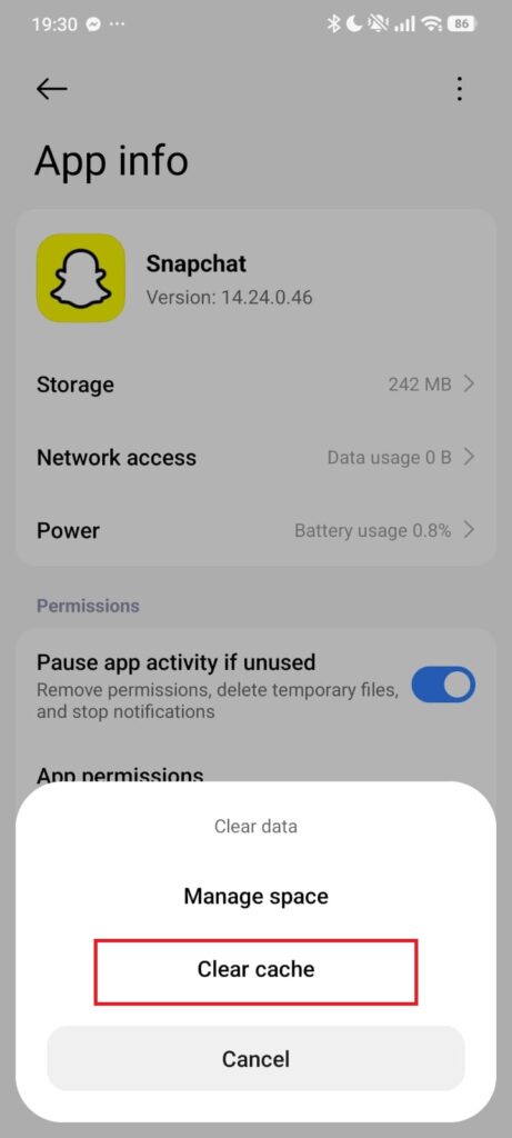 Snapchat Clear data menu with Clear cache highlighted