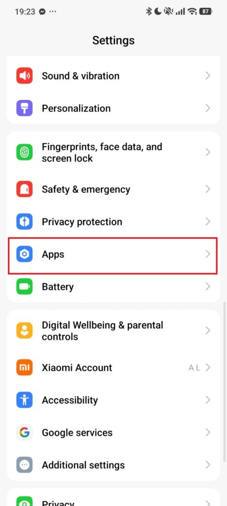Android Settings with Apps highlighted