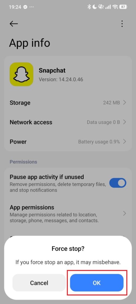 Snapchat Force stop confirmation on Android